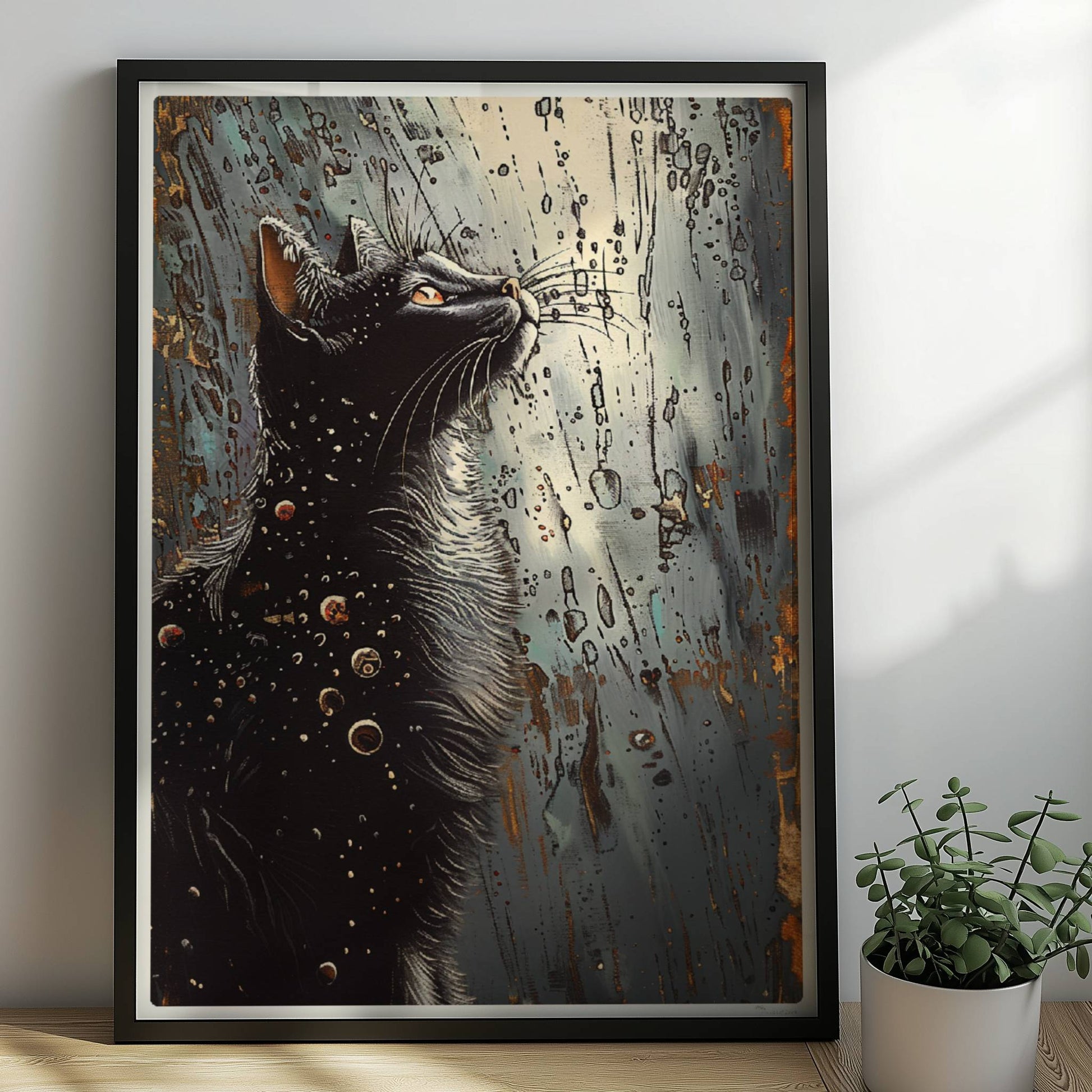 Schwarze Katze blickt auf fantasievolle Punkte und Kreise im Nachthimmel. Rahmen schwarz 50x70