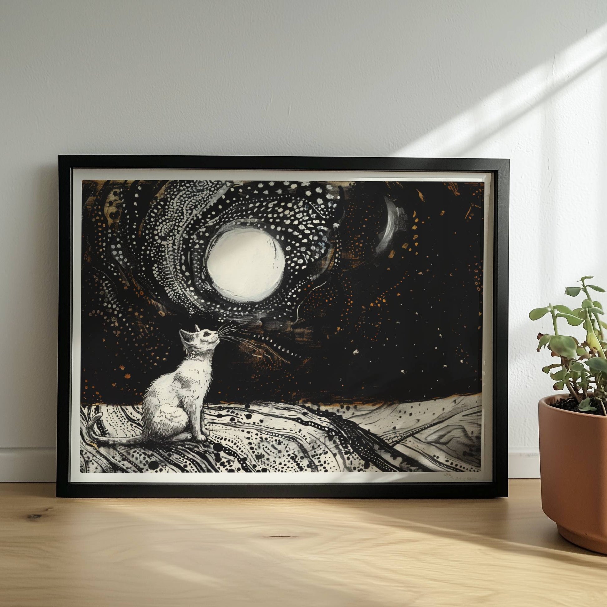Schwarze Katze mit goldenen Augen und Regentropfen. Rahmen schwarz 40x30