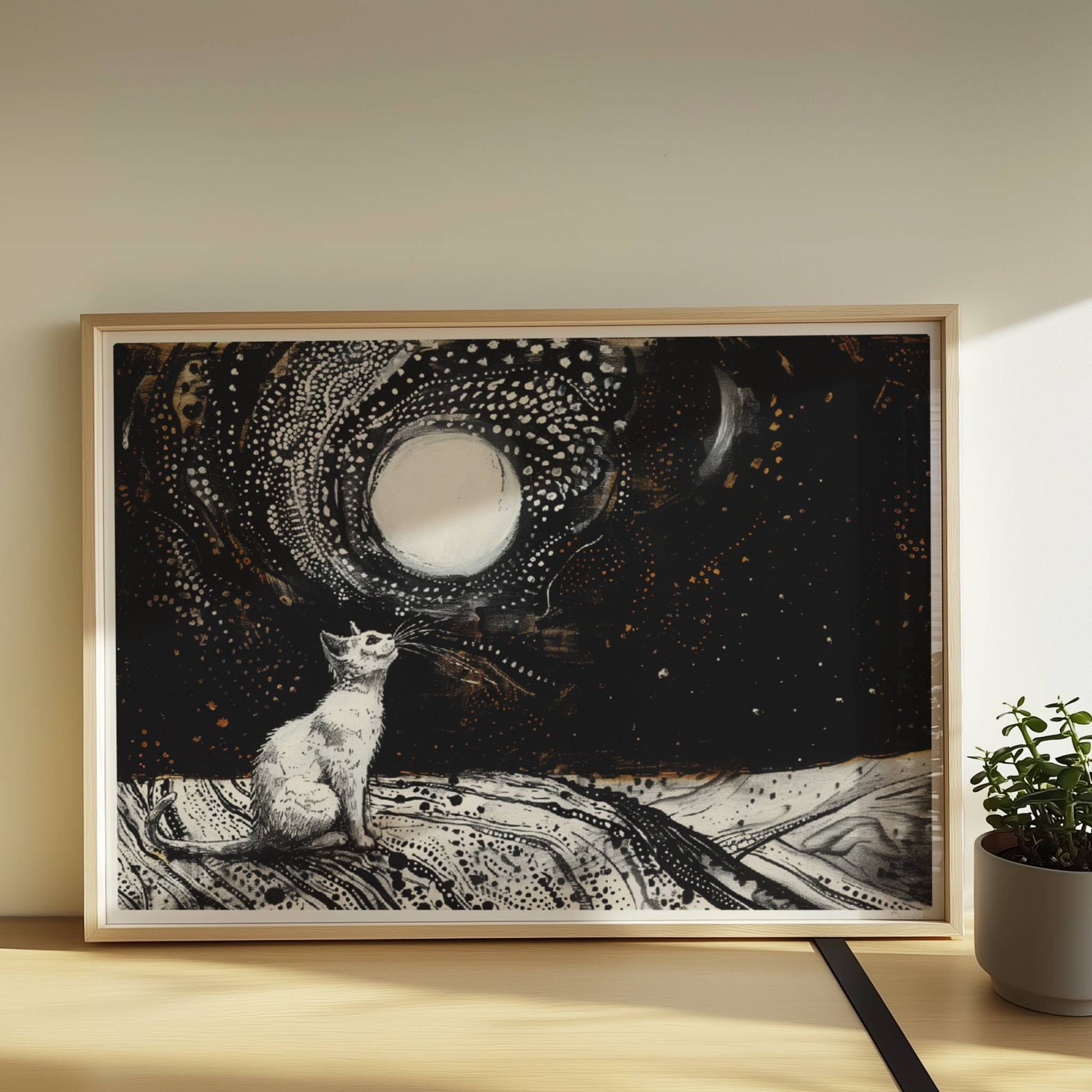 Schwarze Katze mit goldenen Augen und Regentropfen. Rahmen natur 70x50