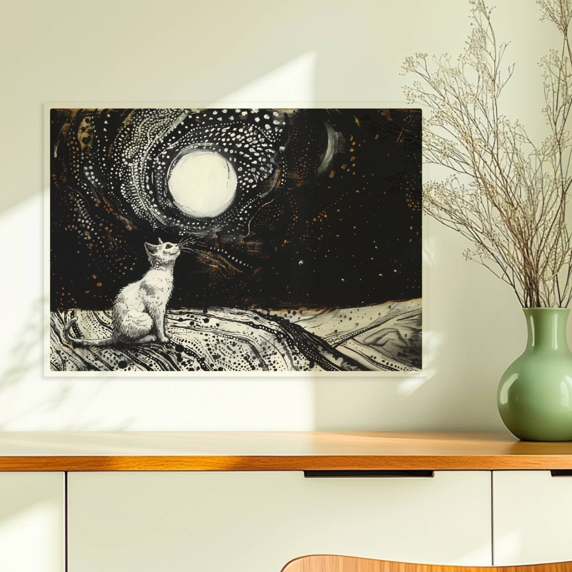 Schwarze Katze mit goldenen Augen und Regentropfen. Ohne Rahmen 70x50