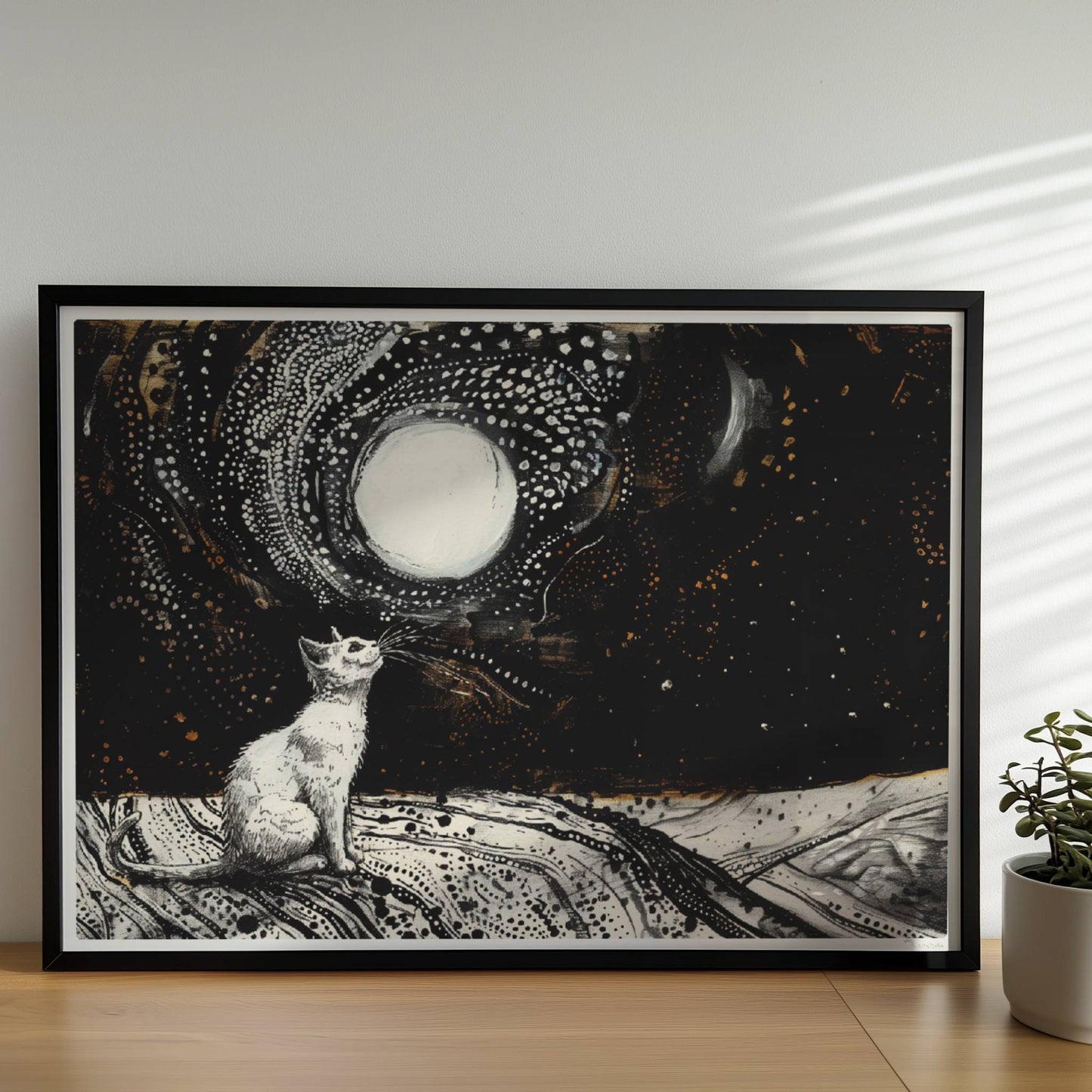 Schwarze Katze mit goldenen Augen und Regentropfen. Rahmen schwarz 70x50