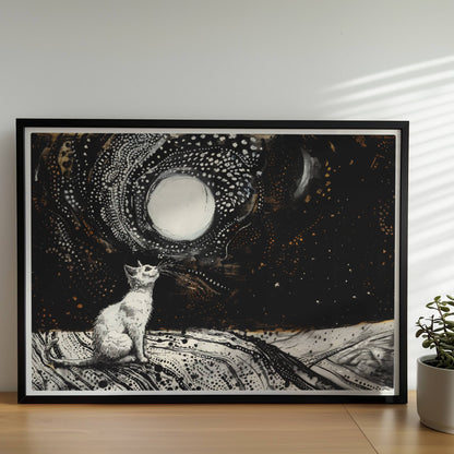 Schwarze Katze mit goldenen Augen und Regentropfen. Rahmen schwarz 70x50