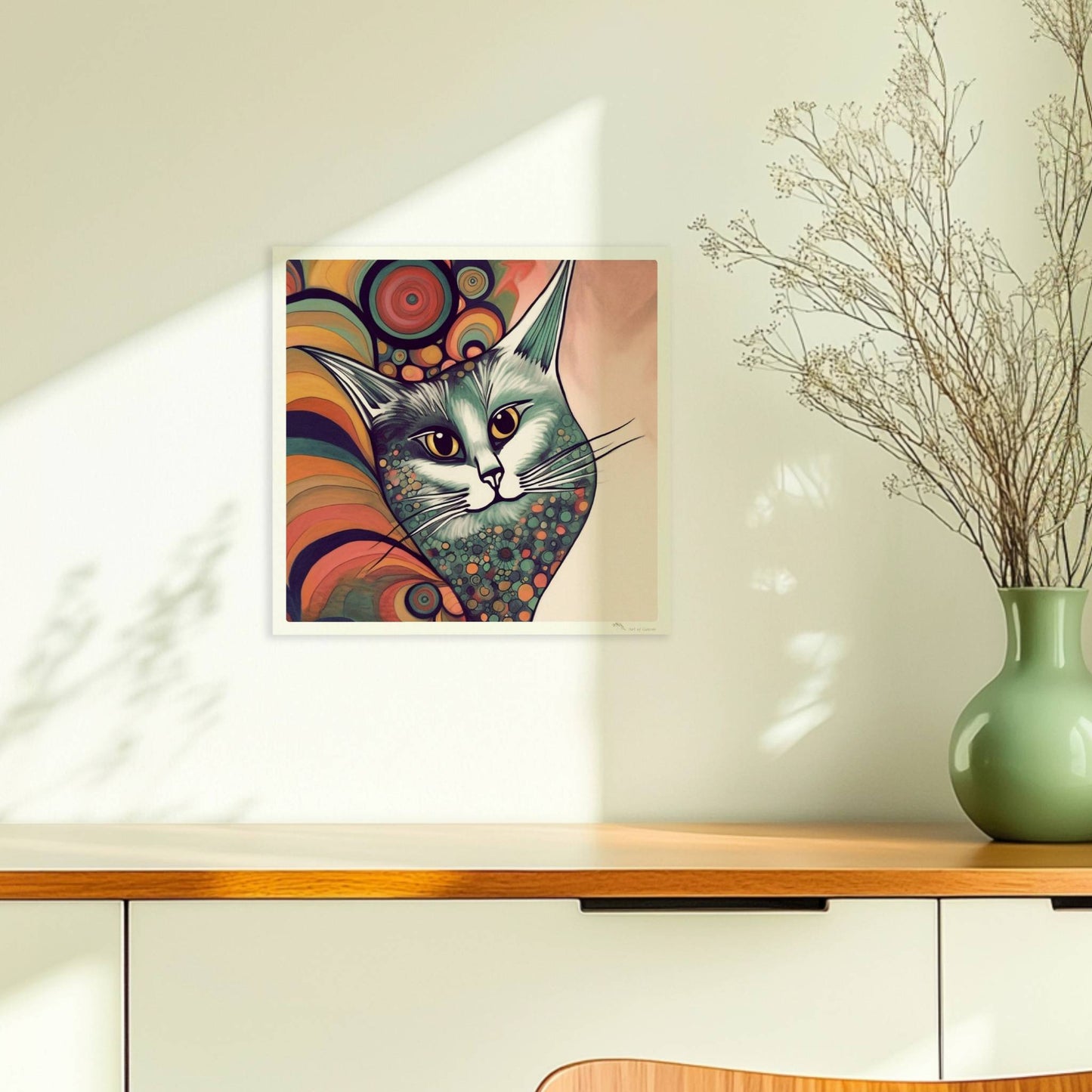 Graue Katze im 70er-Jahre-Stil mit buntem, psychedelischem Hintergrund.. Ohne Rahmen 30x30