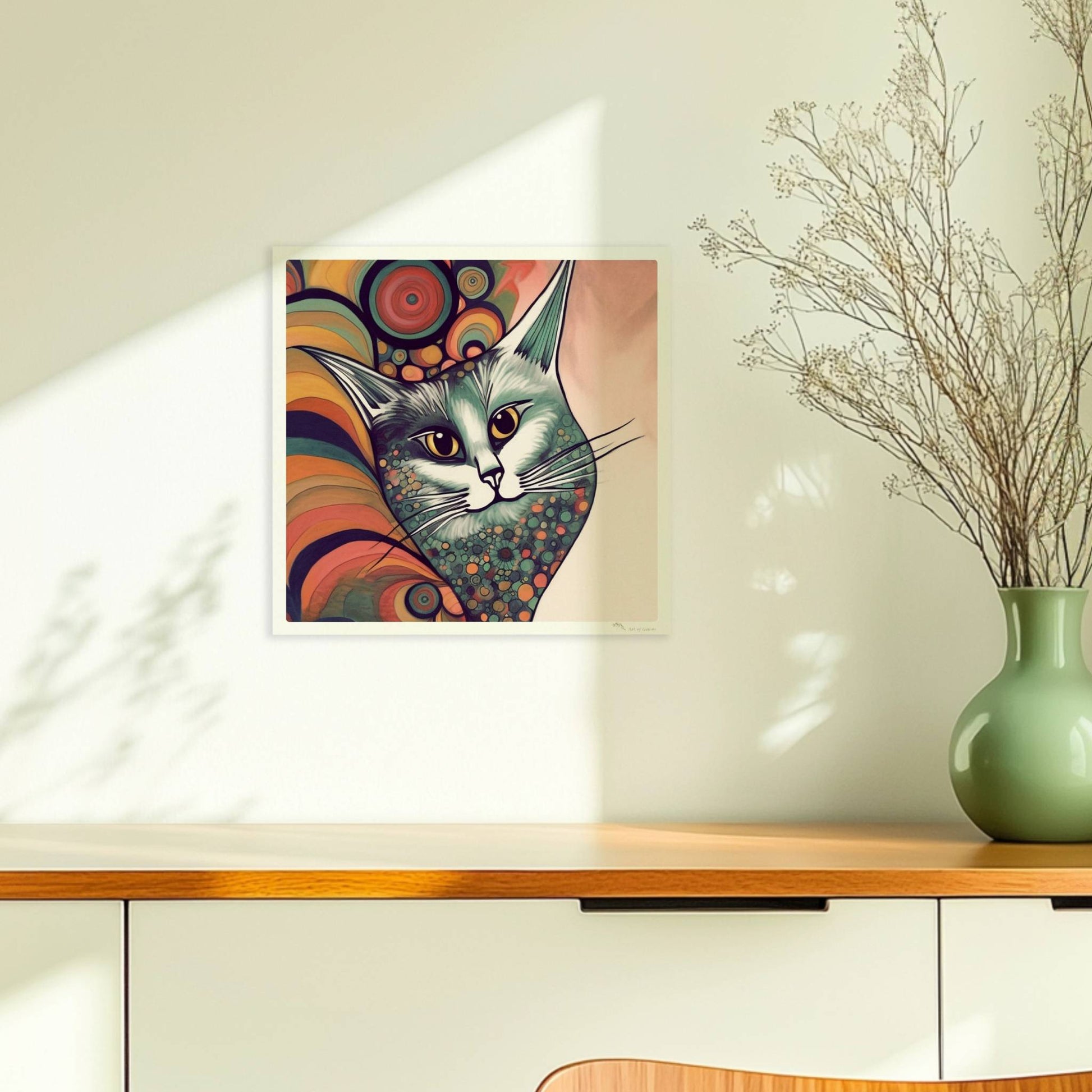 Graue Katze im 70er-Jahre-Stil mit buntem, psychedelischem Hintergrund.. Ohne Rahmen 30x30