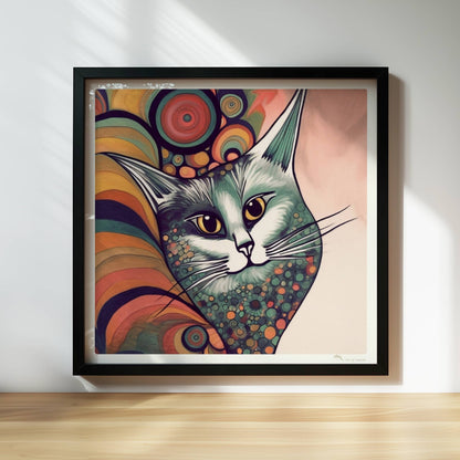 Graue Katze im 70er-Jahre-Stil mit buntem, psychedelischem Hintergrund.. Rahmen schwarz 30x30