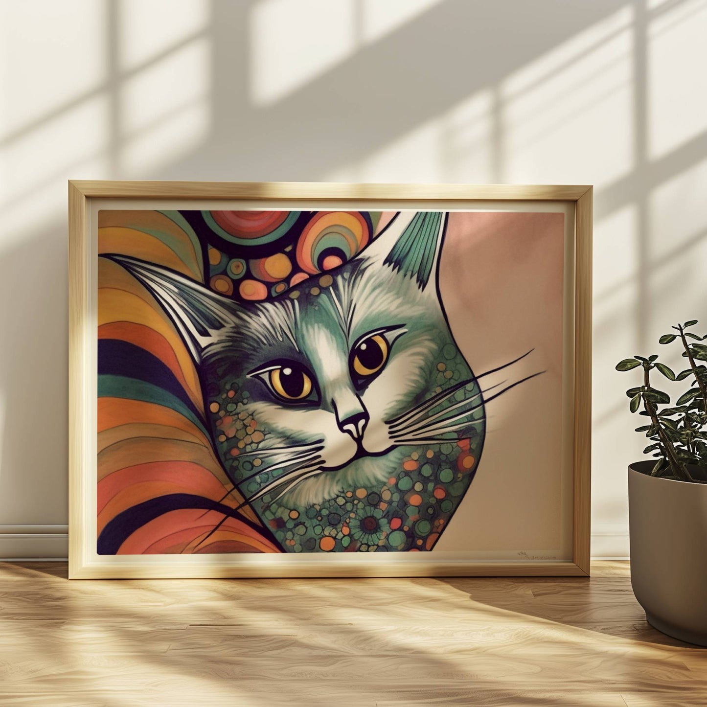 Graue Katze im 70er-Jahre-Stil mit buntem, psychedelischem Hintergrund.. Rahmen natur 40x30