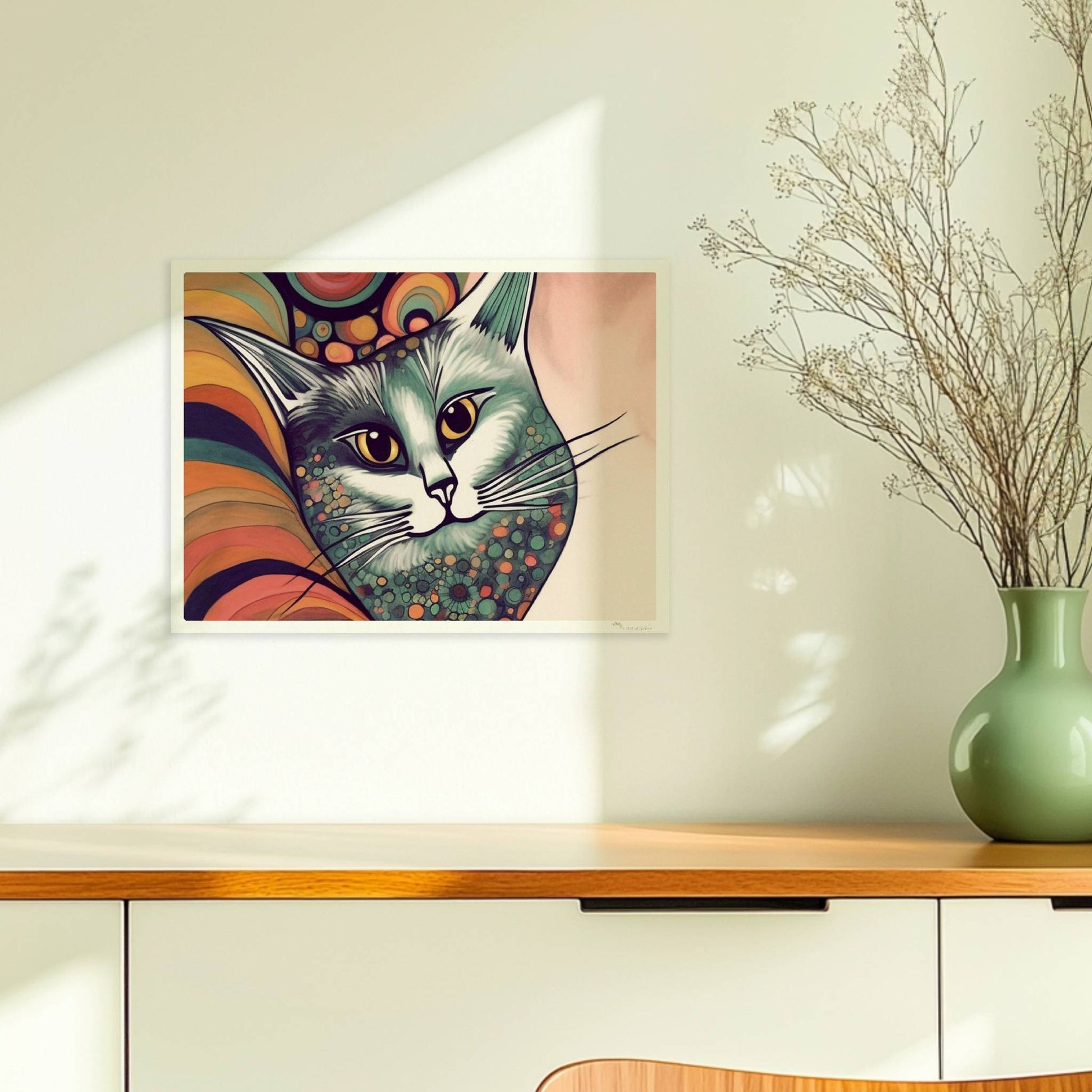 Graue Katze im 70er-Jahre-Stil mit buntem, psychedelischem Hintergrund.. Ohne Rahmen 40x30