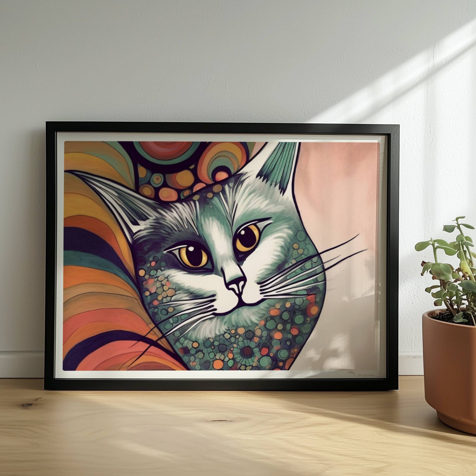 Graue Katze im 70er-Jahre-Stil mit buntem, psychedelischem Hintergrund.. Rahmen schwarz 40x30