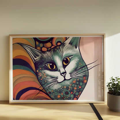 Graue Katze im 70er-Jahre-Stil mit buntem, psychedelischem Hintergrund.. Rahmen natur 70x50