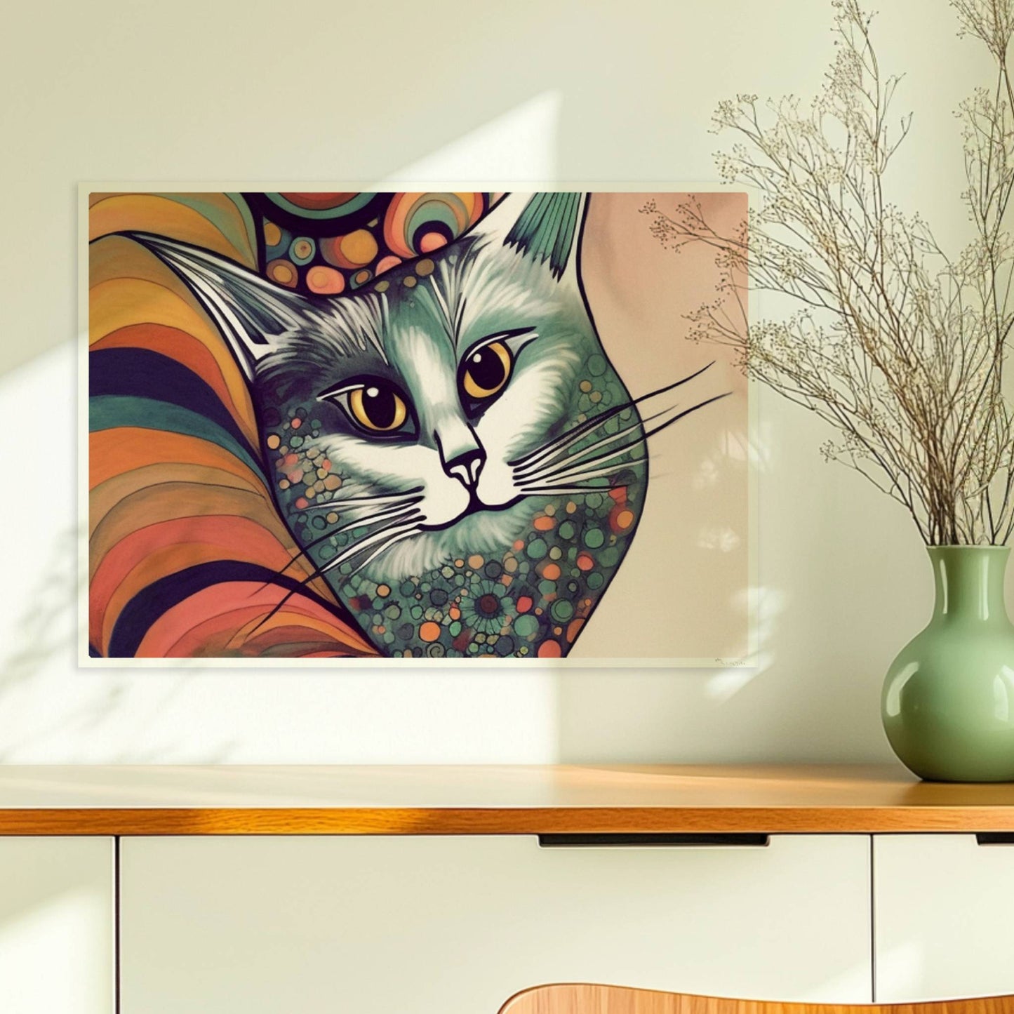 Graue Katze im 70er-Jahre-Stil mit buntem, psychedelischem Hintergrund.. Ohne Rahmen 70x50