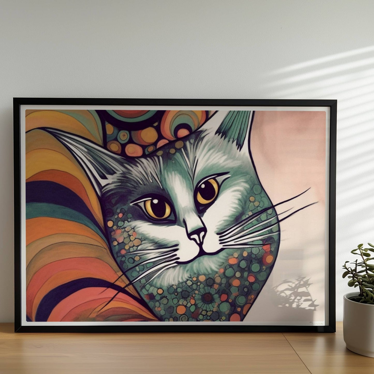 Graue Katze im 70er-Jahre-Stil mit buntem, psychedelischem Hintergrund.. Rahmen schwarz 70x50
