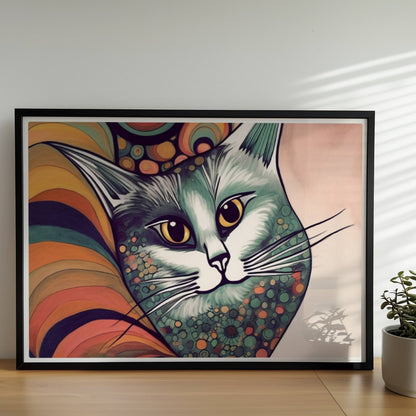 Graue Katze im 70er-Jahre-Stil mit buntem, psychedelischem Hintergrund.. Rahmen schwarz 70x50
