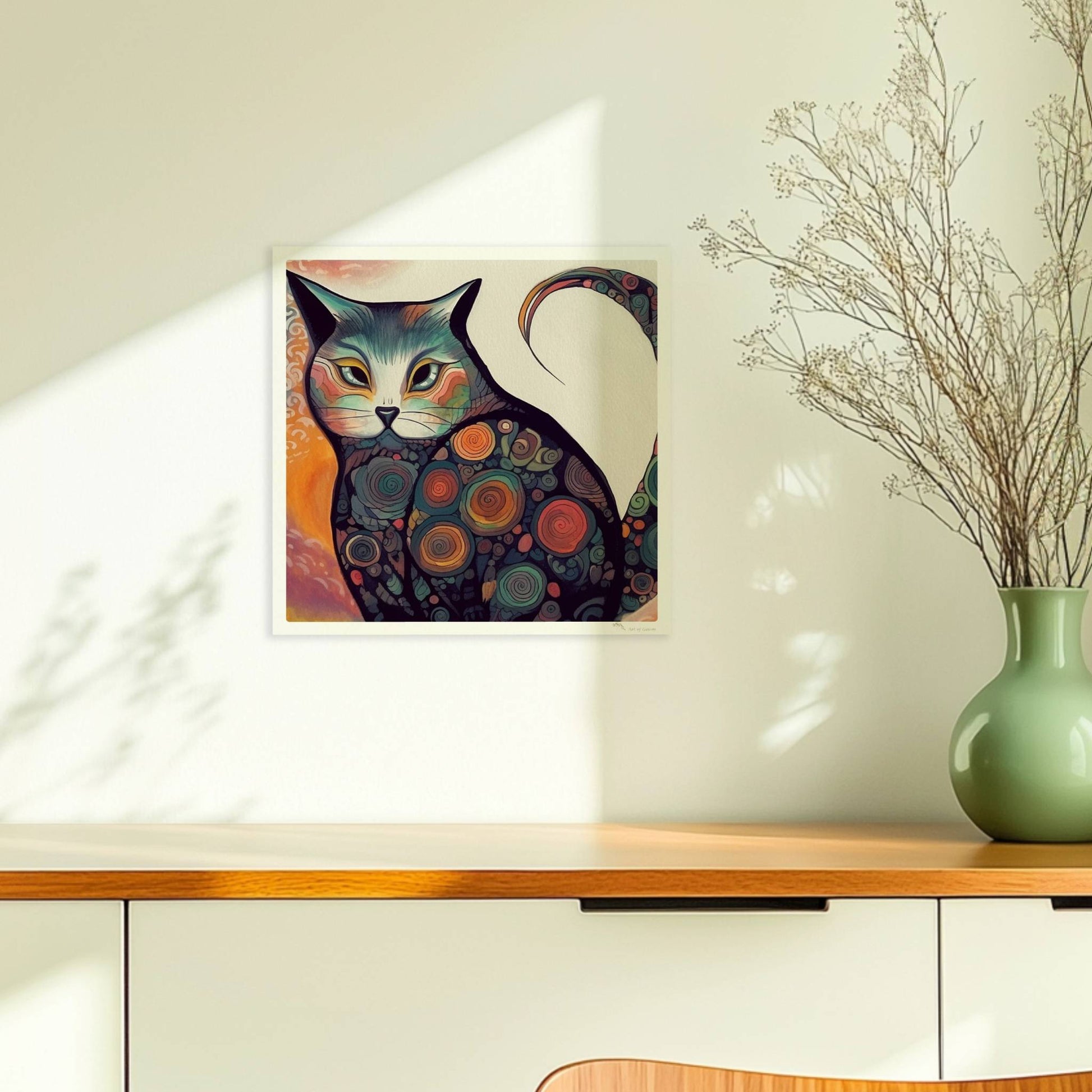 Bunte dicke Katze im 70er-Jahre-Stil mit psychedelischen Kreismustern.. Ohne Rahmen 30x30