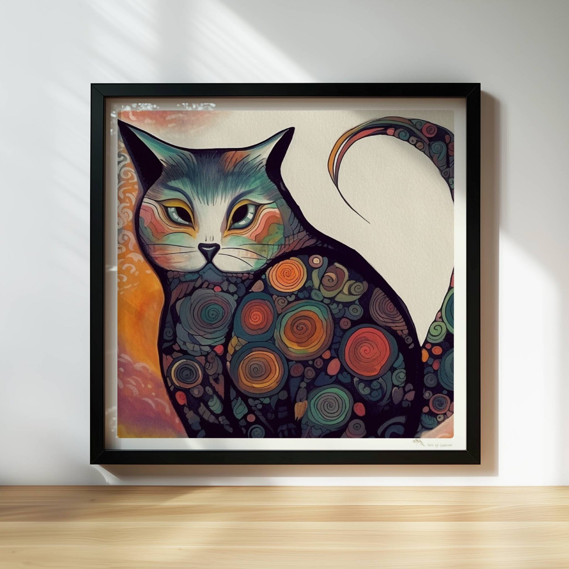 Bunte dicke Katze im 70er-Jahre-Stil mit psychedelischen Kreismustern.. Rahmen schwarz 30x30