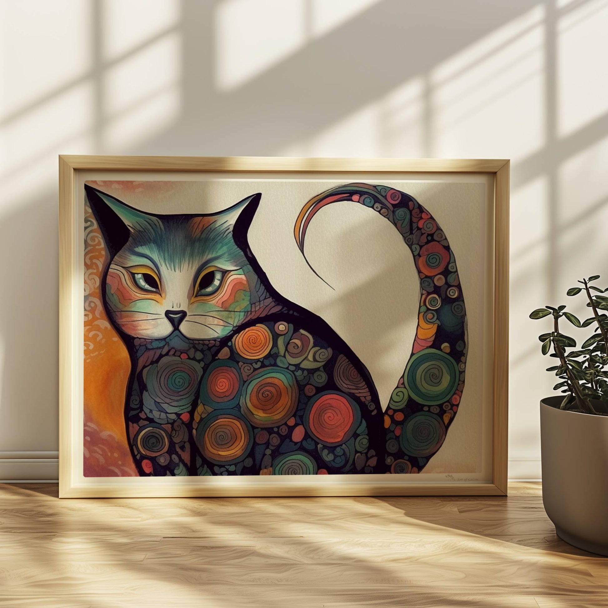 Bunte dicke Katze im 70er-Jahre-Stil mit psychedelischen Kreismustern.. Rahmen natur 40x30
