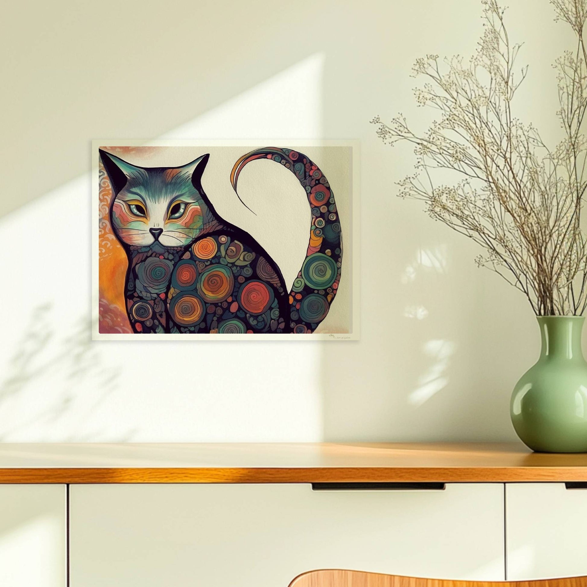 Bunte dicke Katze im 70er-Jahre-Stil mit psychedelischen Kreismustern.. Ohne Rahmen 40x30