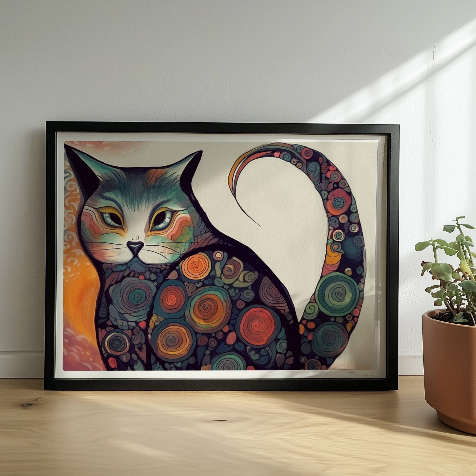 Bunte dicke Katze im 70er-Jahre-Stil mit psychedelischen Kreismustern.. Rahmen schwarz 40x30