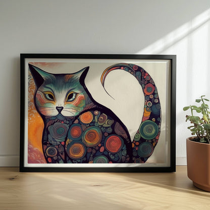 Bunte dicke Katze im 70er-Jahre-Stil mit psychedelischen Kreismustern.. Rahmen schwarz 40x30