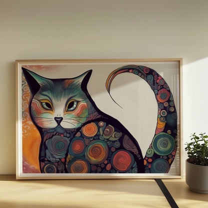 Bunte dicke Katze im 70er-Jahre-Stil mit psychedelischen Kreismustern.. Rahmen natur 70x50