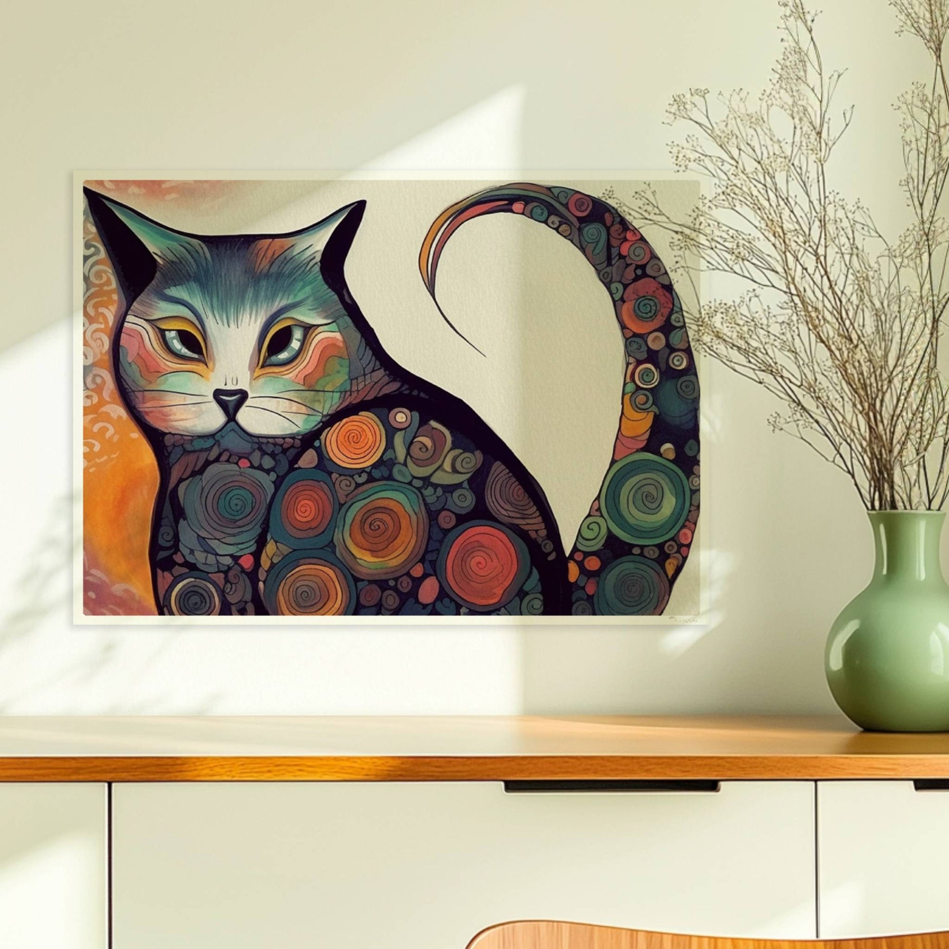 Bunte dicke Katze im 70er-Jahre-Stil mit psychedelischen Kreismustern.. Ohne Rahmen 70x50