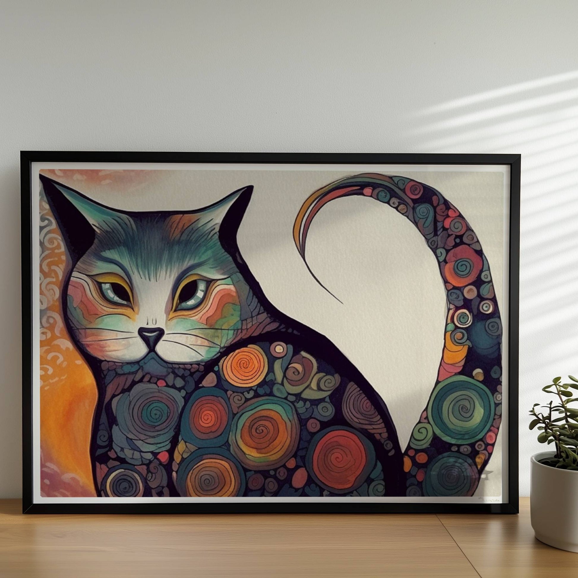 Bunte dicke Katze im 70er-Jahre-Stil mit psychedelischen Kreismustern.. Rahmen schwarz 70x50