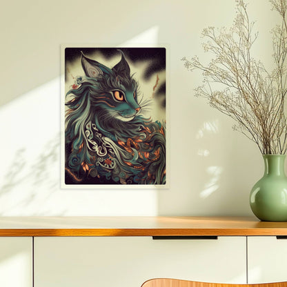 Majestätisches Maine-Coon-Katzenporträt mit langen fließenden Haaren und dekorativen Mustern.. Ohne Rahmen 30x40
