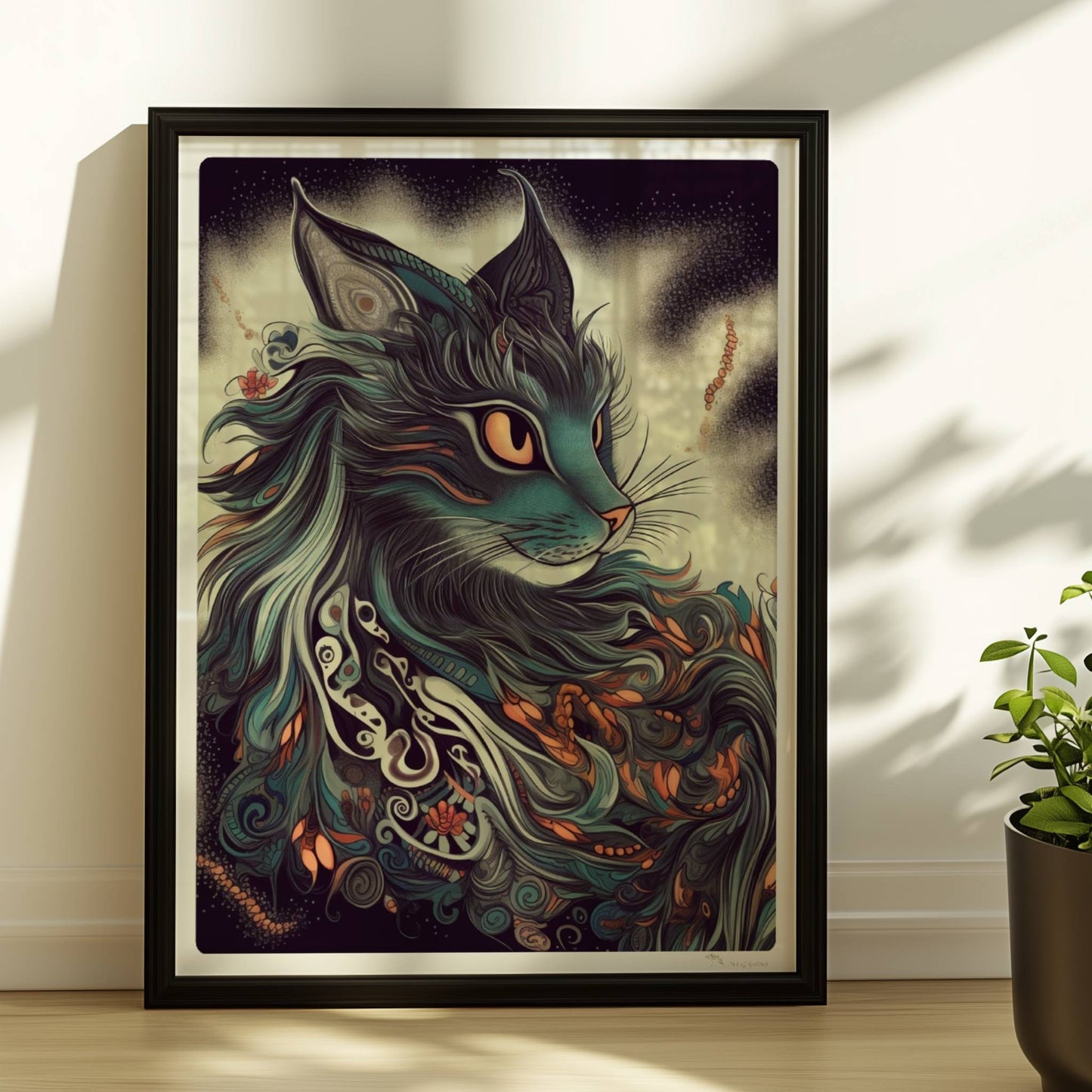 Majestätisches Maine-Coon-Katzenporträt mit langen fließenden Haaren und dekorativen Mustern.. Rahmen schwarz 30x40
