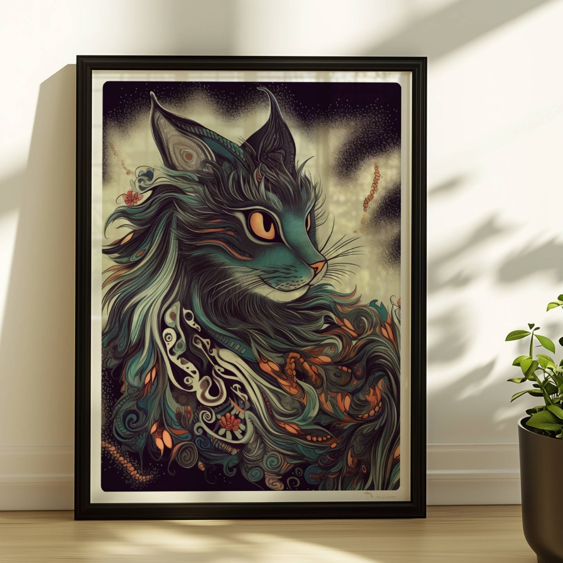 Majestätisches Maine-Coon-Katzenporträt mit langen fließenden Haaren und dekorativen Mustern.. Rahmen schwarz 30x40