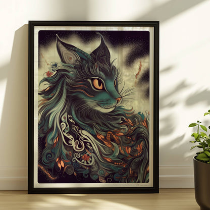 Majestätisches Maine-Coon-Katzenporträt mit langen fließenden Haaren und dekorativen Mustern.. Rahmen schwarz 30x40