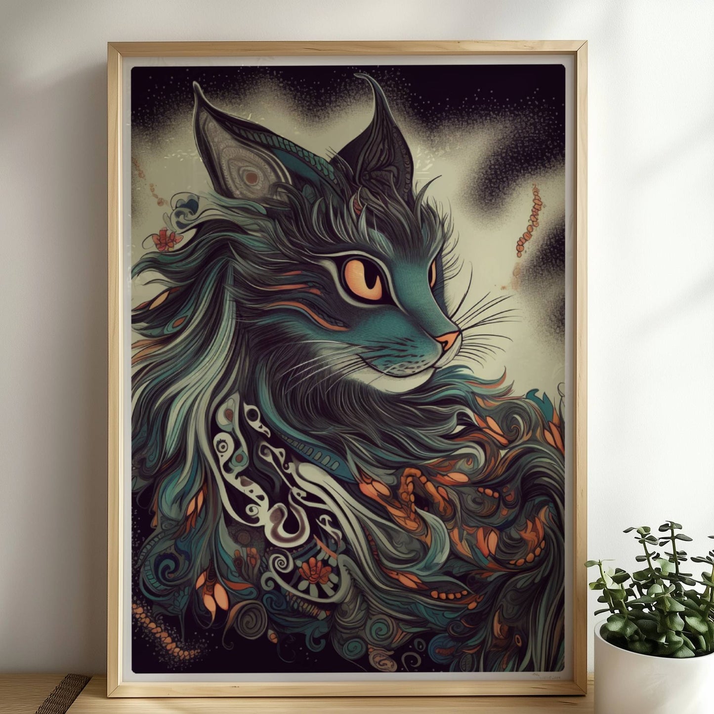 Majestätisches Maine-Coon-Katzenporträt mit langen fließenden Haaren und dekorativen Mustern.. Rahmen natur 50x70