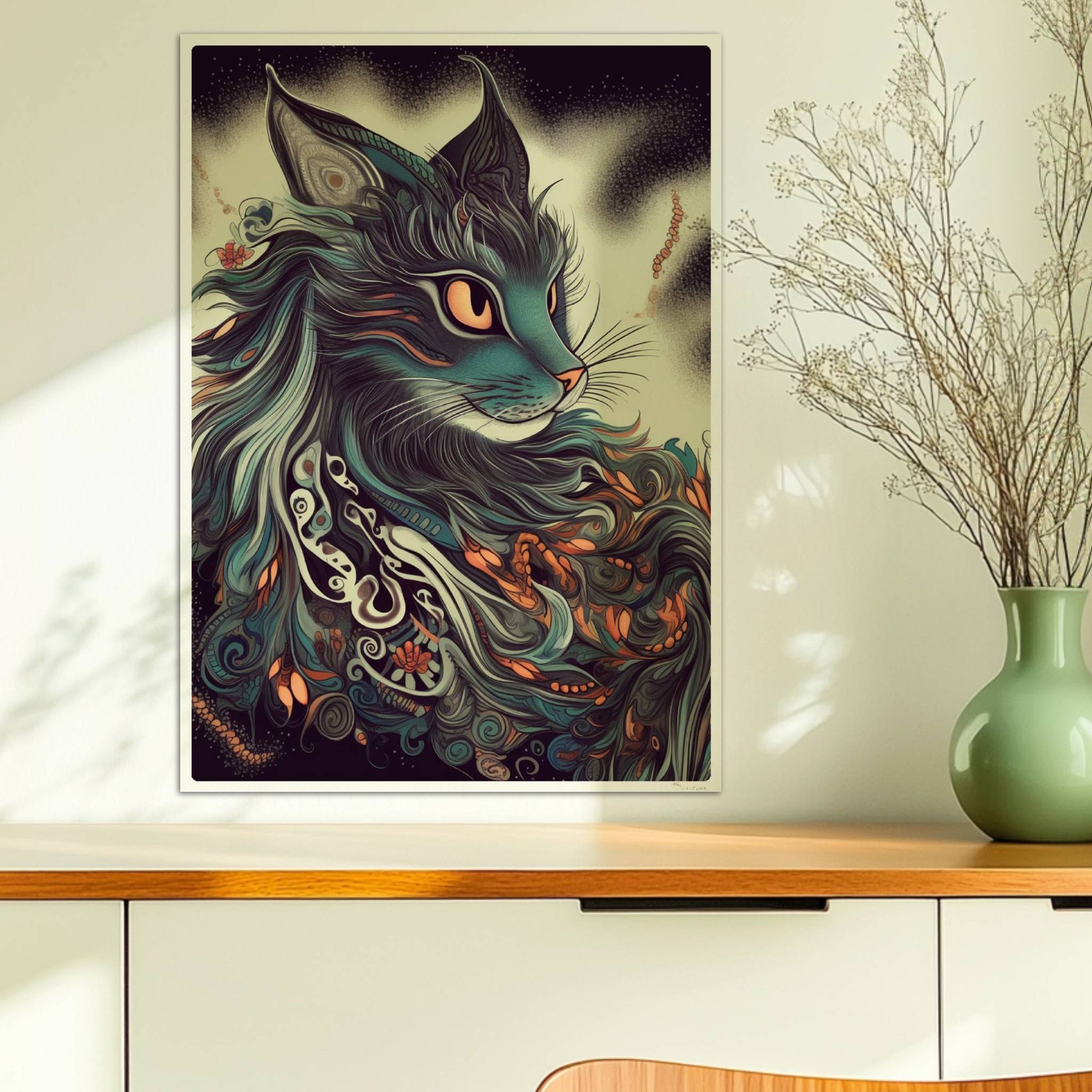 Majestätisches Maine-Coon-Katzenporträt mit langen fließenden Haaren und dekorativen Mustern.. Ohne Rahmen 50x70