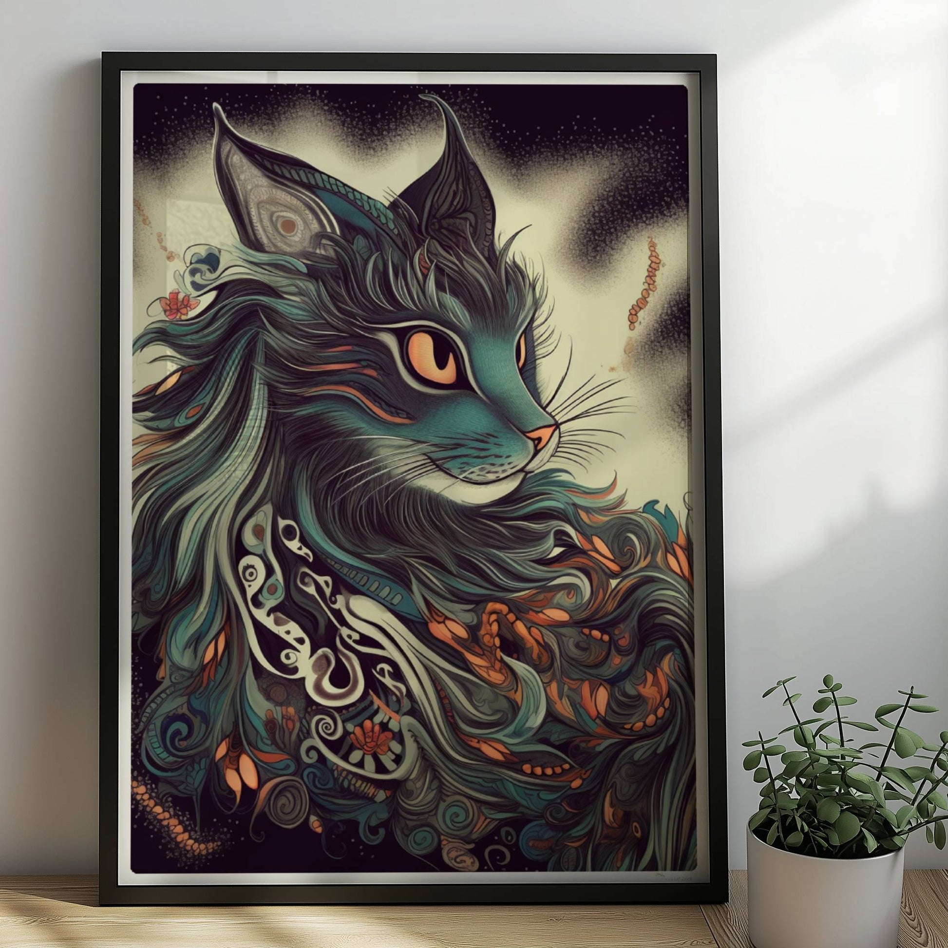 Majestätisches Maine-Coon-Katzenporträt mit langen fließenden Haaren und dekorativen Mustern.. Rahmen schwarz 50x70