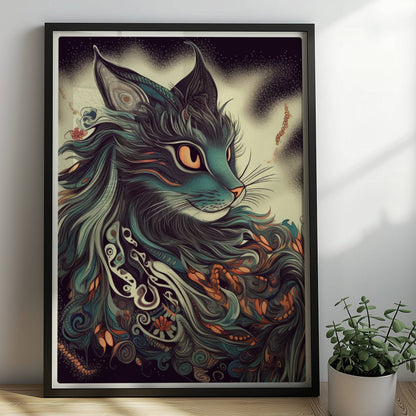 Majestätisches Maine-Coon-Katzenporträt mit langen fließenden Haaren und dekorativen Mustern.. Rahmen schwarz 50x70