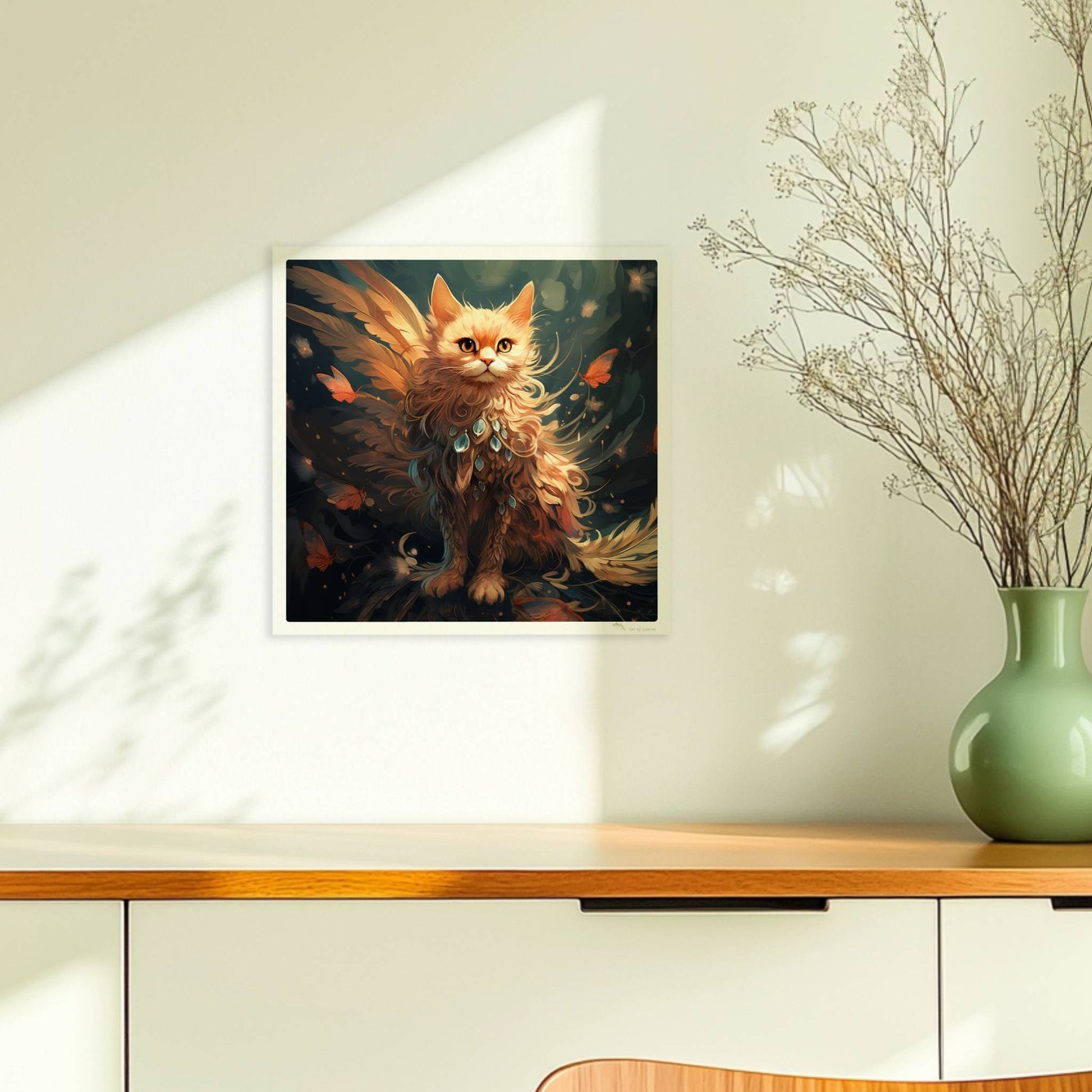 Majestätische rote Katze mit Schmetterlingen und funkelndem Schmuck im Fell, verträumte Fantasieszene.. Ohne Rahmen 30x30