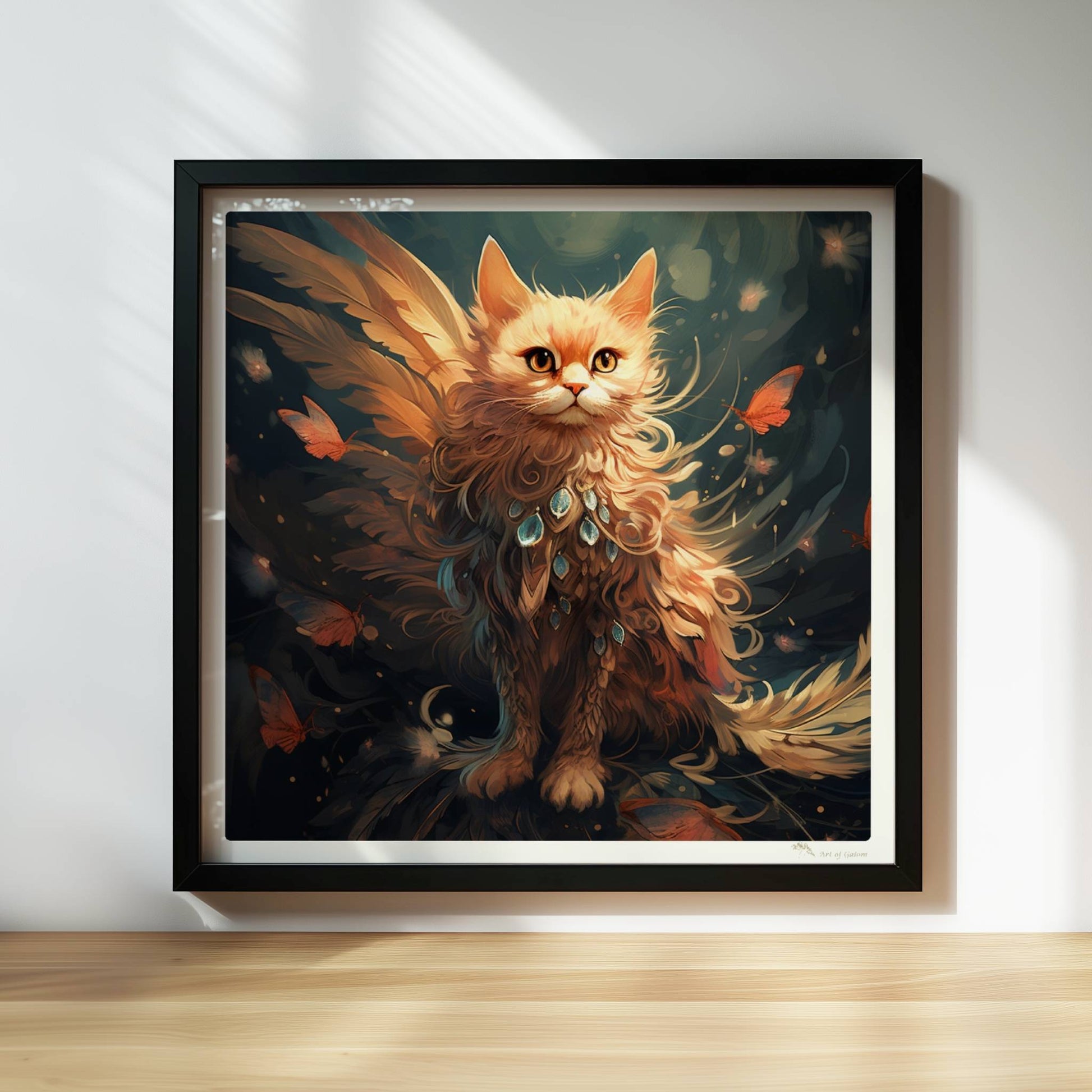 Majestätische rote Katze mit Schmetterlingen und funkelndem Schmuck im Fell, verträumte Fantasieszene.. Rahmen schwarz 30x30