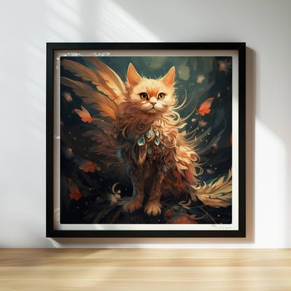 Majestätische rote Katze mit Schmetterlingen und funkelndem Schmuck im Fell, verträumte Fantasieszene.. Rahmen schwarz 30x30