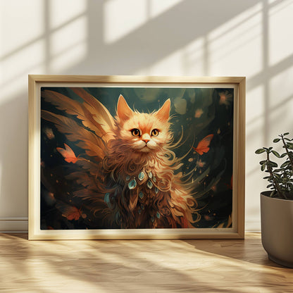 Majestätische rote Katze mit Schmetterlingen und funkelndem Schmuck im Fell, verträumte Fantasieszene.. Rahmen natur 40x30
