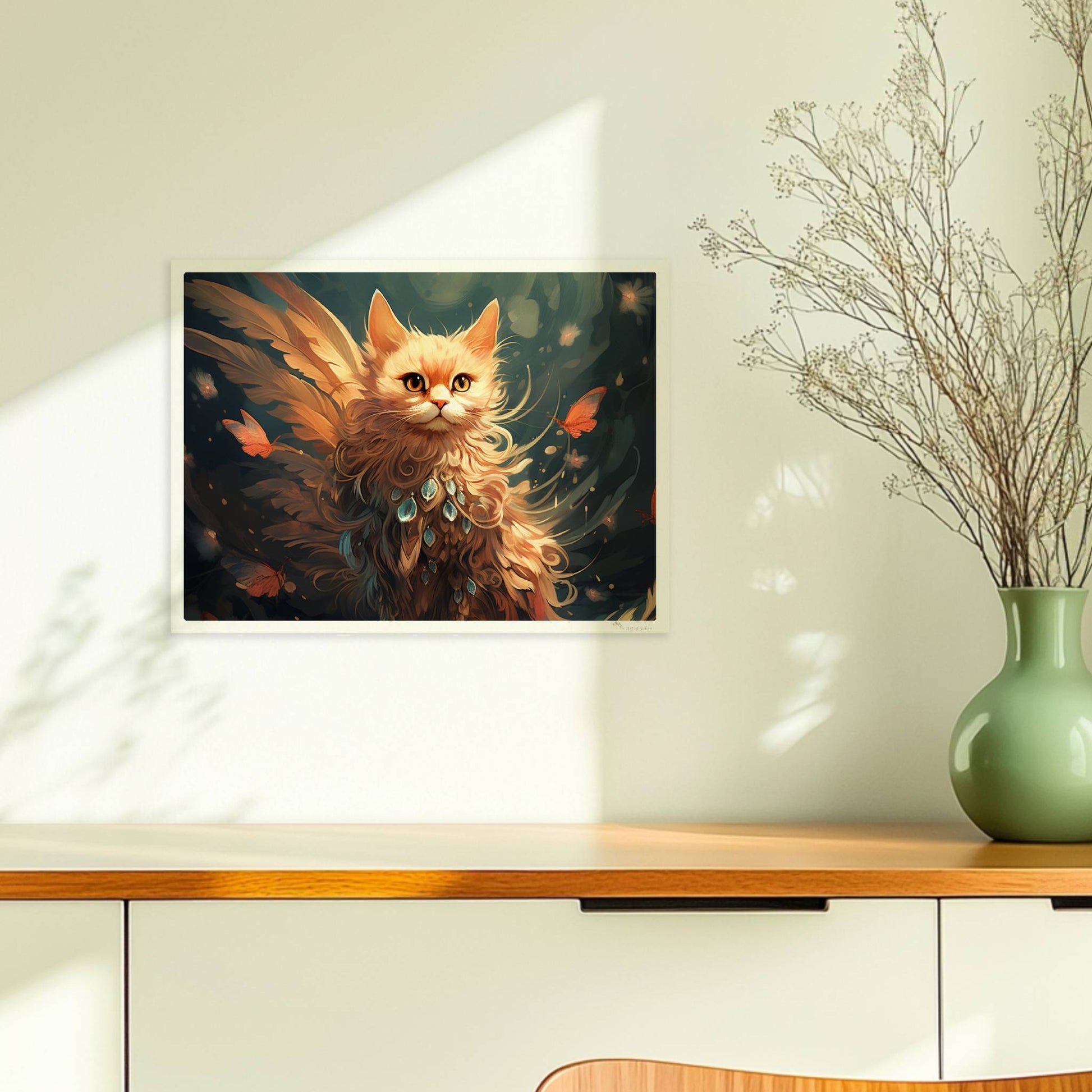 Majestätische rote Katze mit Schmetterlingen und funkelndem Schmuck im Fell, verträumte Fantasieszene.. Ohne Rahmen 40x30
