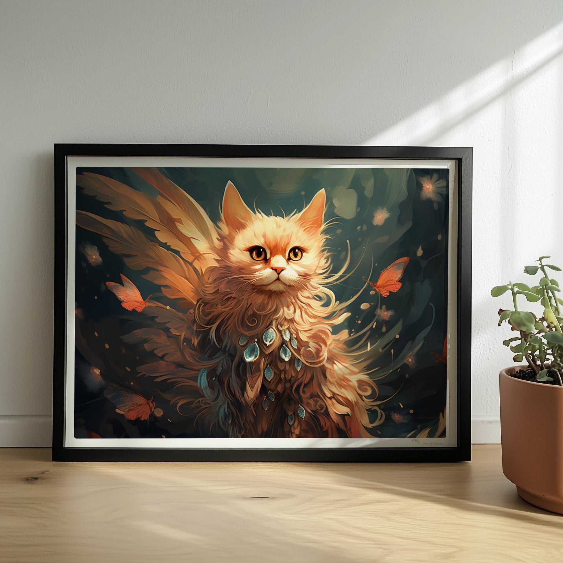 Majestätische rote Katze mit Schmetterlingen und funkelndem Schmuck im Fell, verträumte Fantasieszene.. Rahmen schwarz 40x30