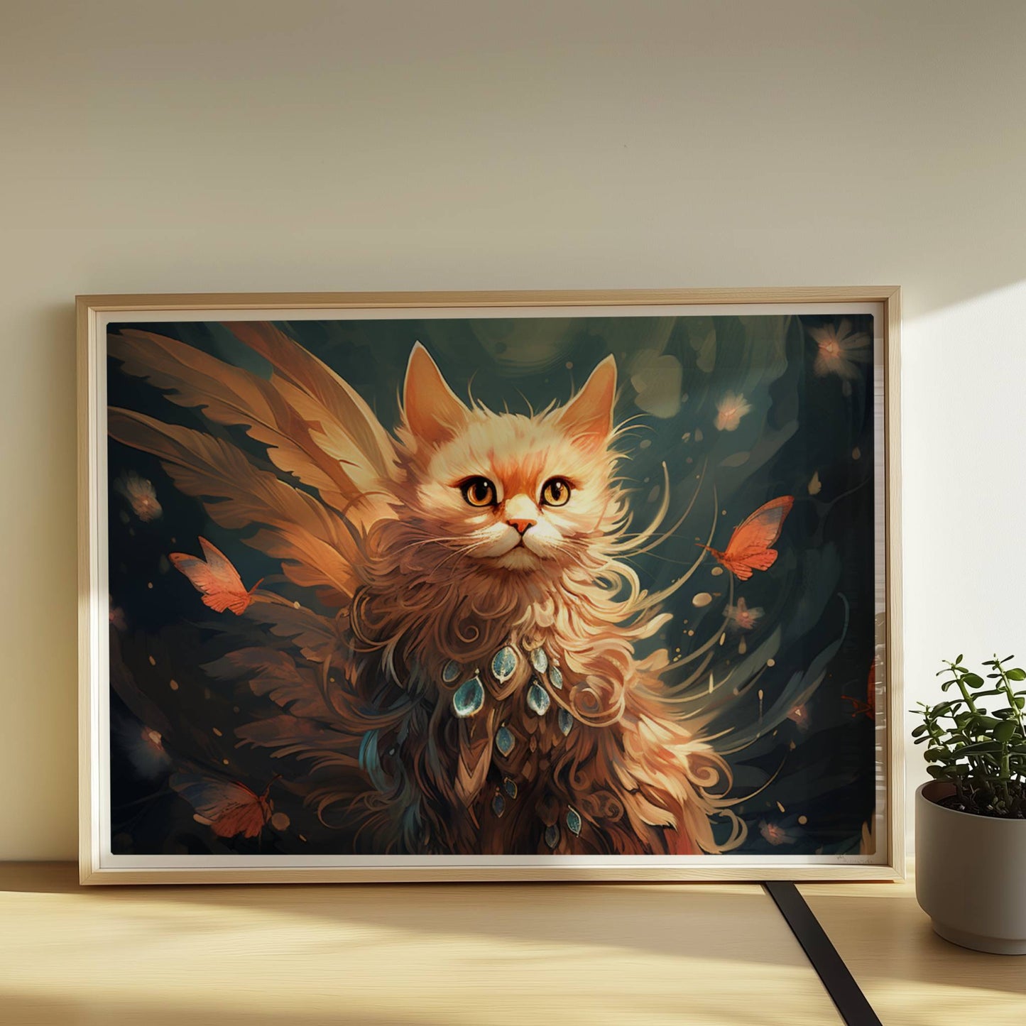 Majestätische rote Katze mit Schmetterlingen und funkelndem Schmuck im Fell, verträumte Fantasieszene.. Rahmen natur 70x50
