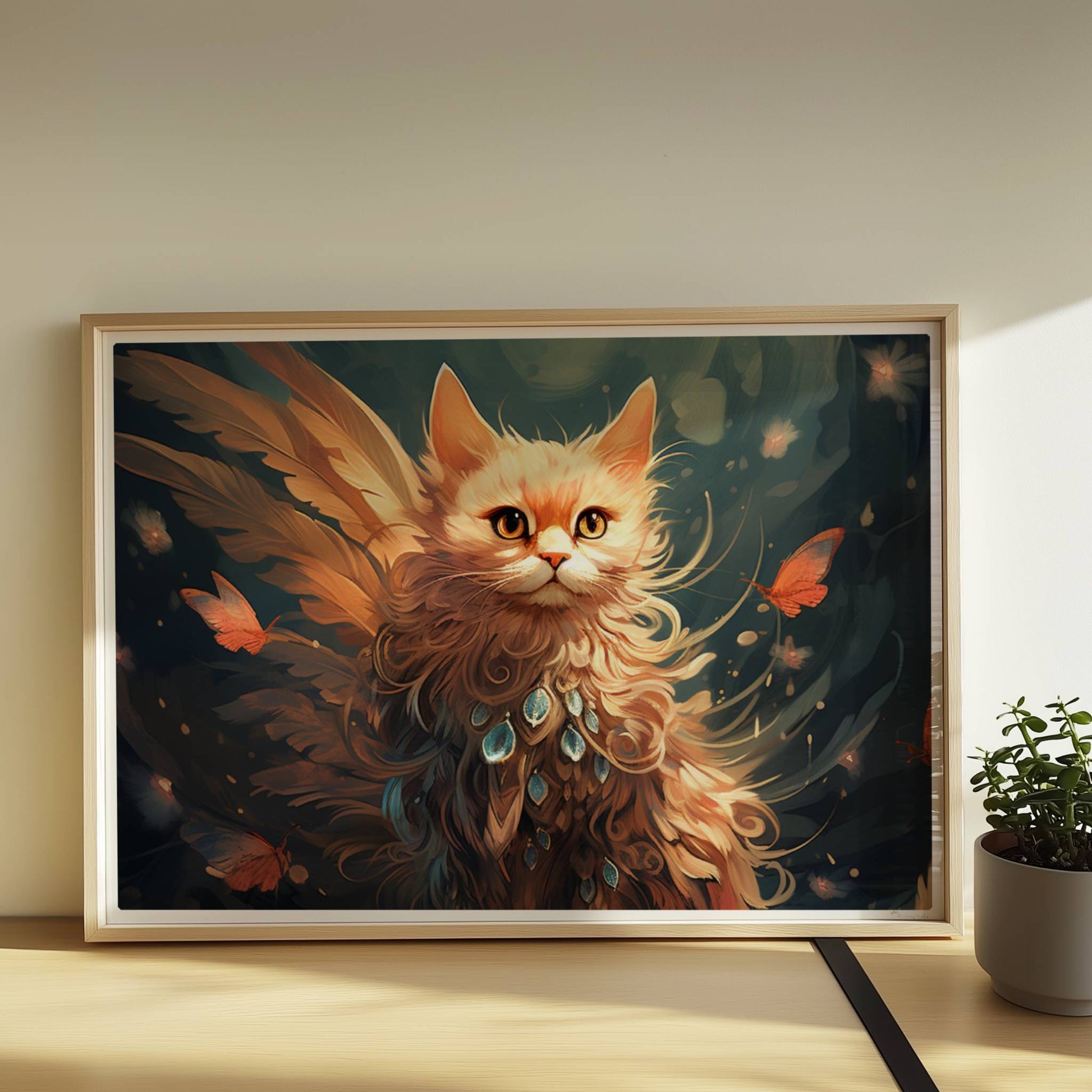 Majestätische rote Katze mit Schmetterlingen und funkelndem Schmuck im Fell, verträumte Fantasieszene.. Rahmen natur 70x50