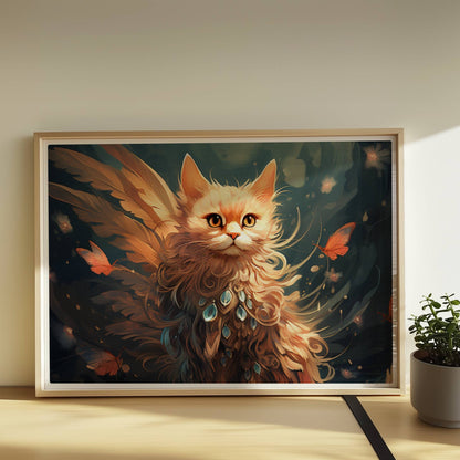 Majestätische rote Katze mit Schmetterlingen und funkelndem Schmuck im Fell, verträumte Fantasieszene.. Rahmen natur 70x50