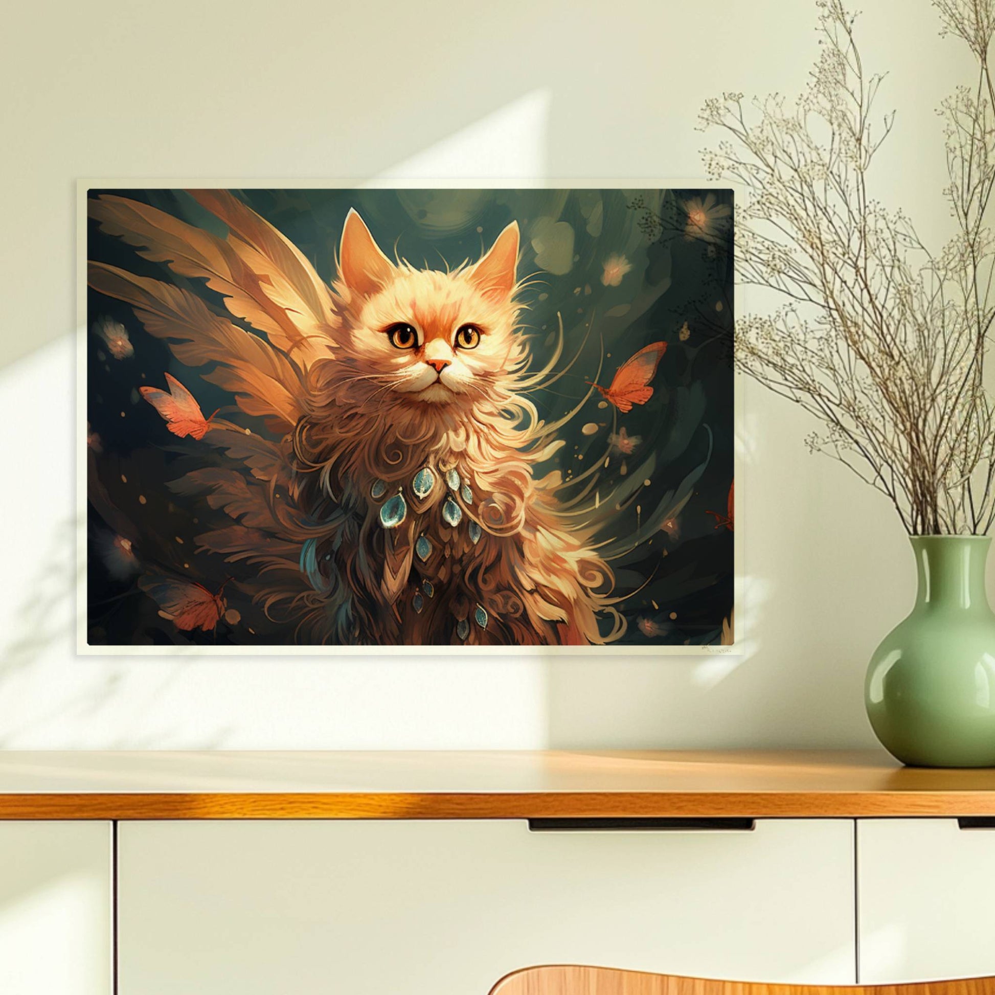 Majestätische rote Katze mit Schmetterlingen und funkelndem Schmuck im Fell, verträumte Fantasieszene.. Ohne Rahmen 70x50