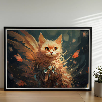Majestätische rote Katze mit Schmetterlingen und funkelndem Schmuck im Fell, verträumte Fantasieszene.. Rahmen schwarz 70x50