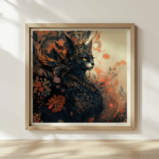 Elegante schwarze Fantasy-Katze mit goldenen Ornamenten und floralen Mustern, mystische Stimmung.. Rahmen natur 30x30