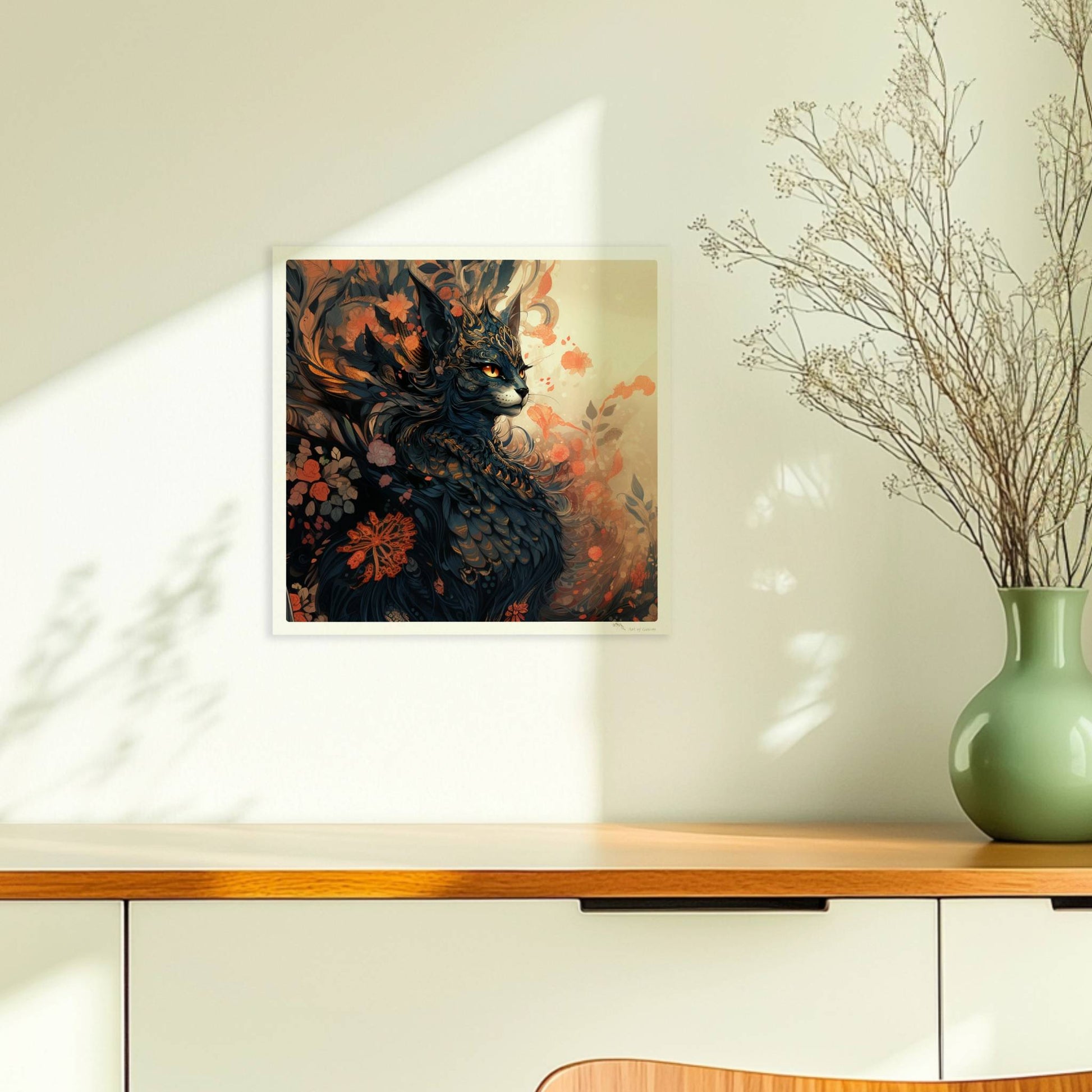 Elegante schwarze Fantasy-Katze mit goldenen Ornamenten und floralen Mustern, mystische Stimmung.. Ohne Rahmen 30x30