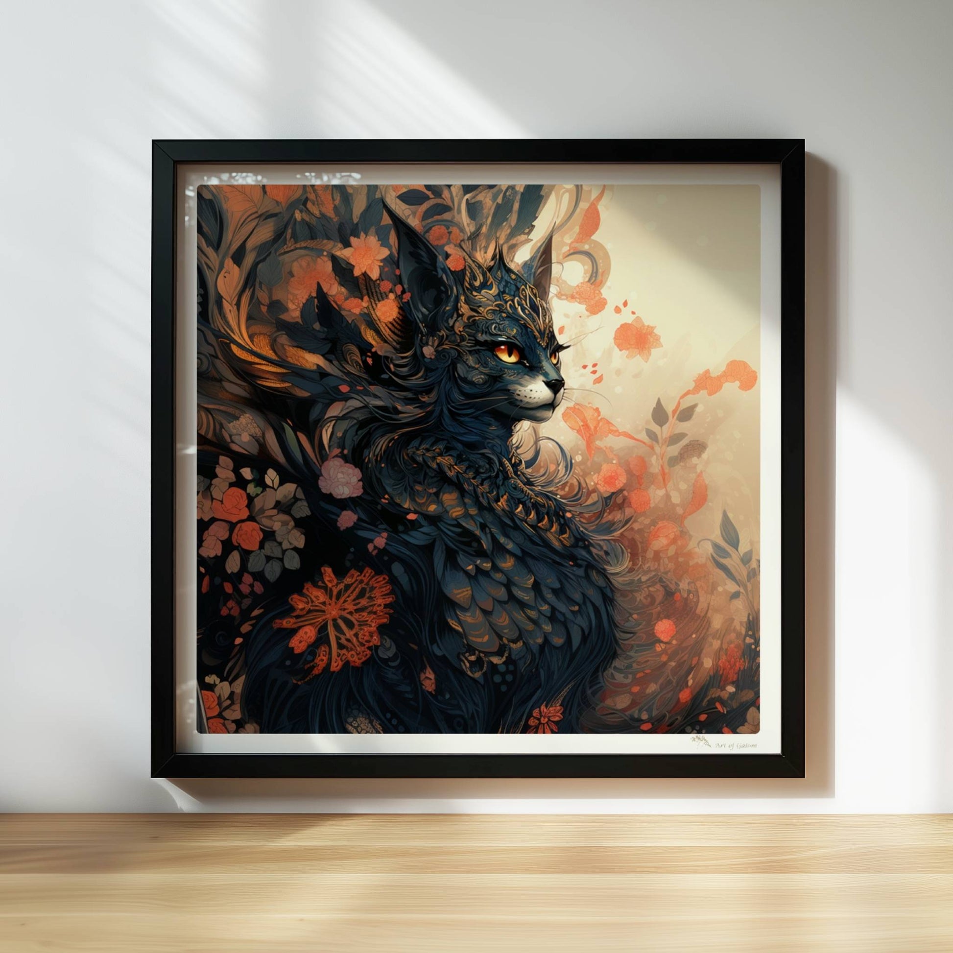 Elegante schwarze Fantasy-Katze mit goldenen Ornamenten und floralen Mustern, mystische Stimmung.. Rahmen schwarz 30x30