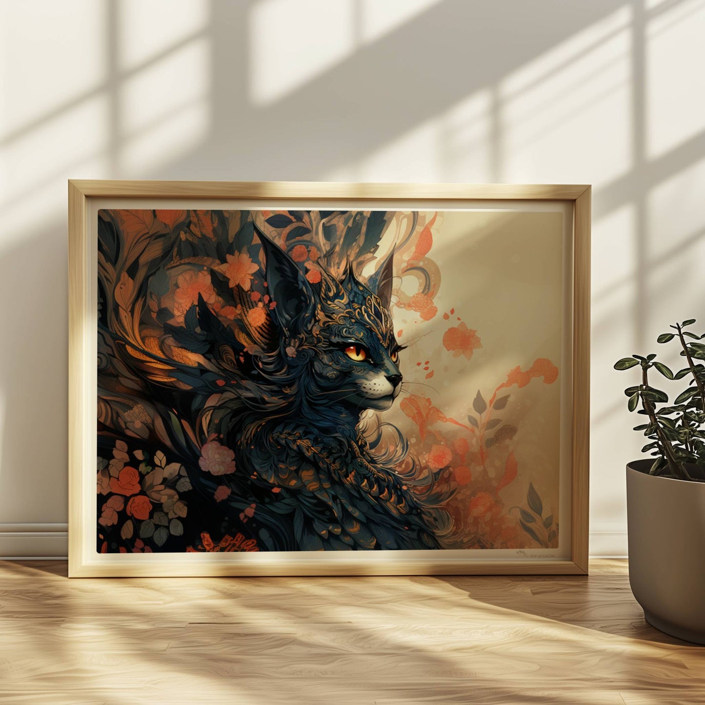 Elegante schwarze Fantasy-Katze mit goldenen Ornamenten und floralen Mustern, mystische Stimmung.. Rahmen natur 40x30