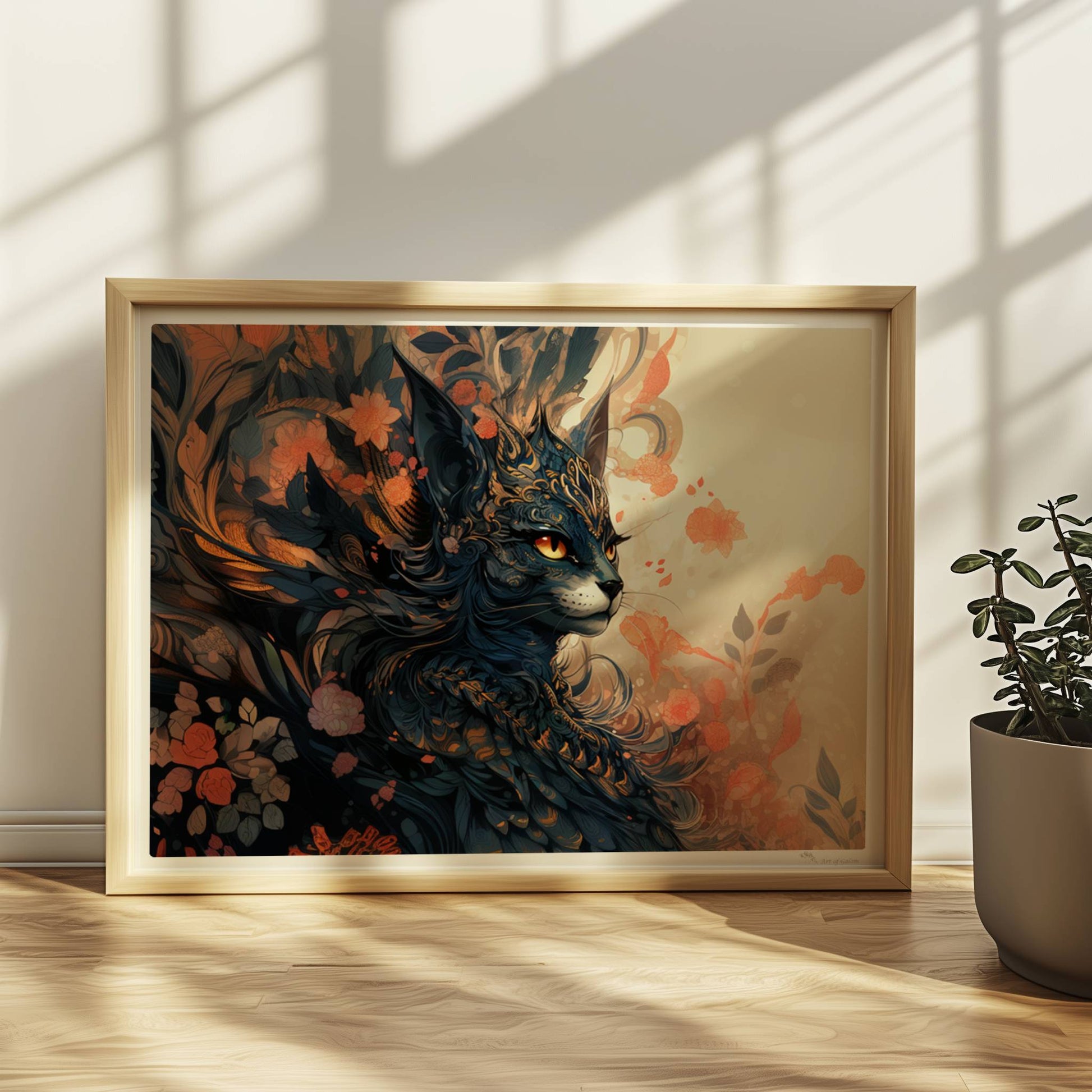 Elegante schwarze Fantasy-Katze mit goldenen Ornamenten und floralen Mustern, mystische Stimmung.. Rahmen natur 40x30