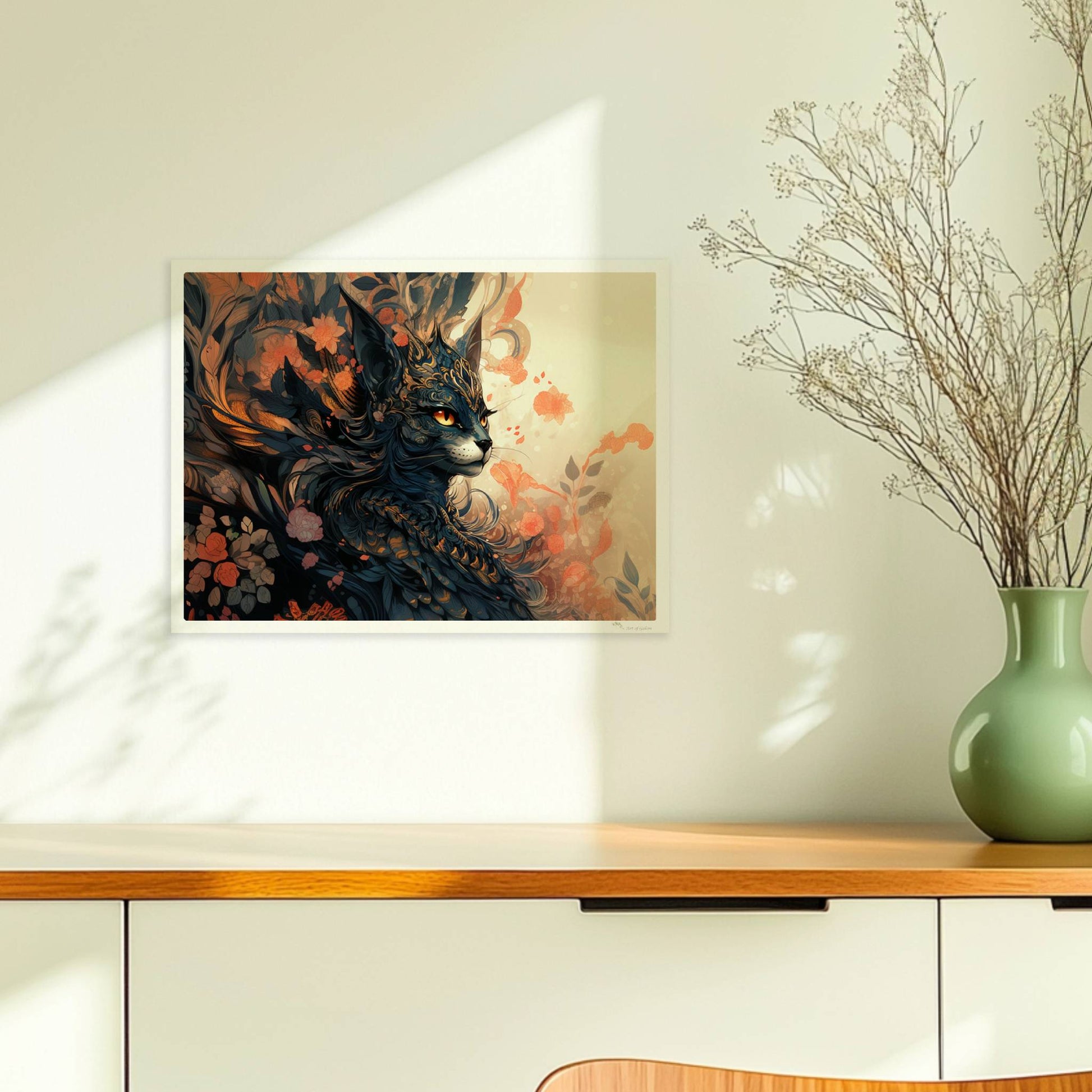 Elegante schwarze Fantasy-Katze mit goldenen Ornamenten und floralen Mustern, mystische Stimmung.. Ohne Rahmen 40x30